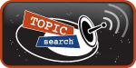 This picture is a logo for Topic Search. There is a picture of a satellite sending out waves which is shown by using three curved lines.