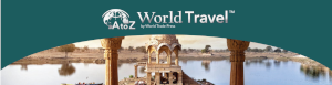 This picture is a logo for A to Z World Travel by World Trade Press and it has a picture of water reflecting buildlings on it.