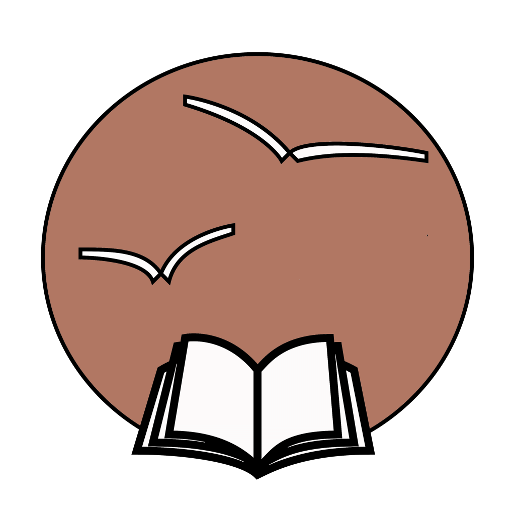 A logo for the John C. Fremont Library. A circle with books flying that look like birds and a big open book in the center.