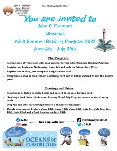 Summer Reading Program. Register, read a book and enter a drawing to win a prize. June 6th to July 29th