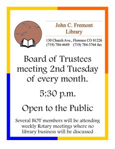 Board of Trustees meeting, second Tuesday of every month at 5:30 PM. Open to the Public. 