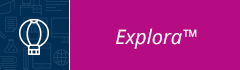 This picture is a logo for Explora. It has an outline of a hot air balloon on one side and the word Explora on the other. 