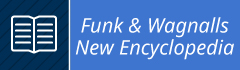 This picture is a logo for Funk and Wagnalls New Encyclopedia. It has an outline of a book on one side and the words Funk and Wagnalls on the other.