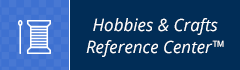 This picture is a logo for Hobbies and Crafts Reference Center. It has an outline of a needle and thread on one side and the words Hobbies and Crafts on the other.