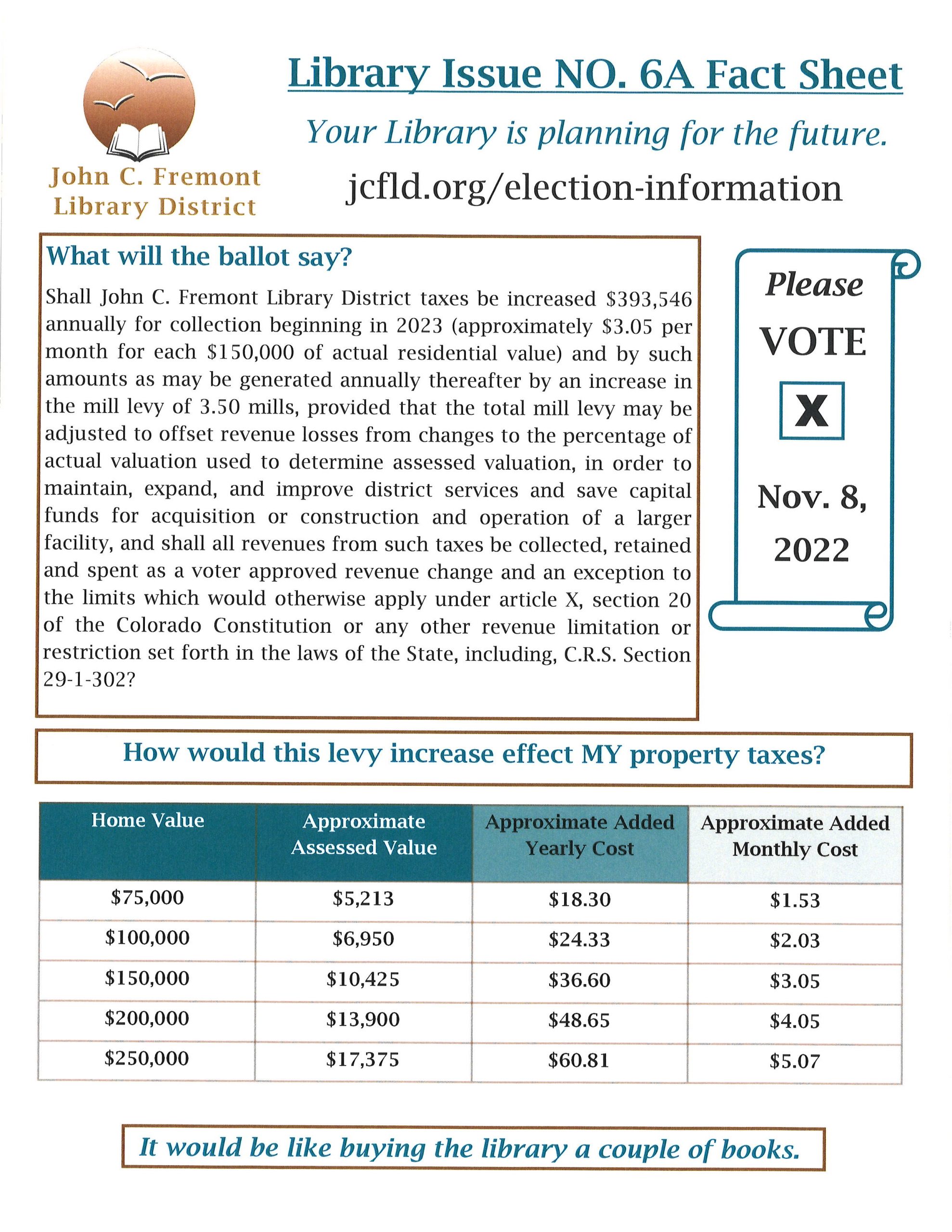 Information on Library Issue NO. 6A. If you would like to know anything please call 719-784-4649 Ex. 4 or email Tabby Selakovich at tabby.selakovich@florencecolibrary.org 