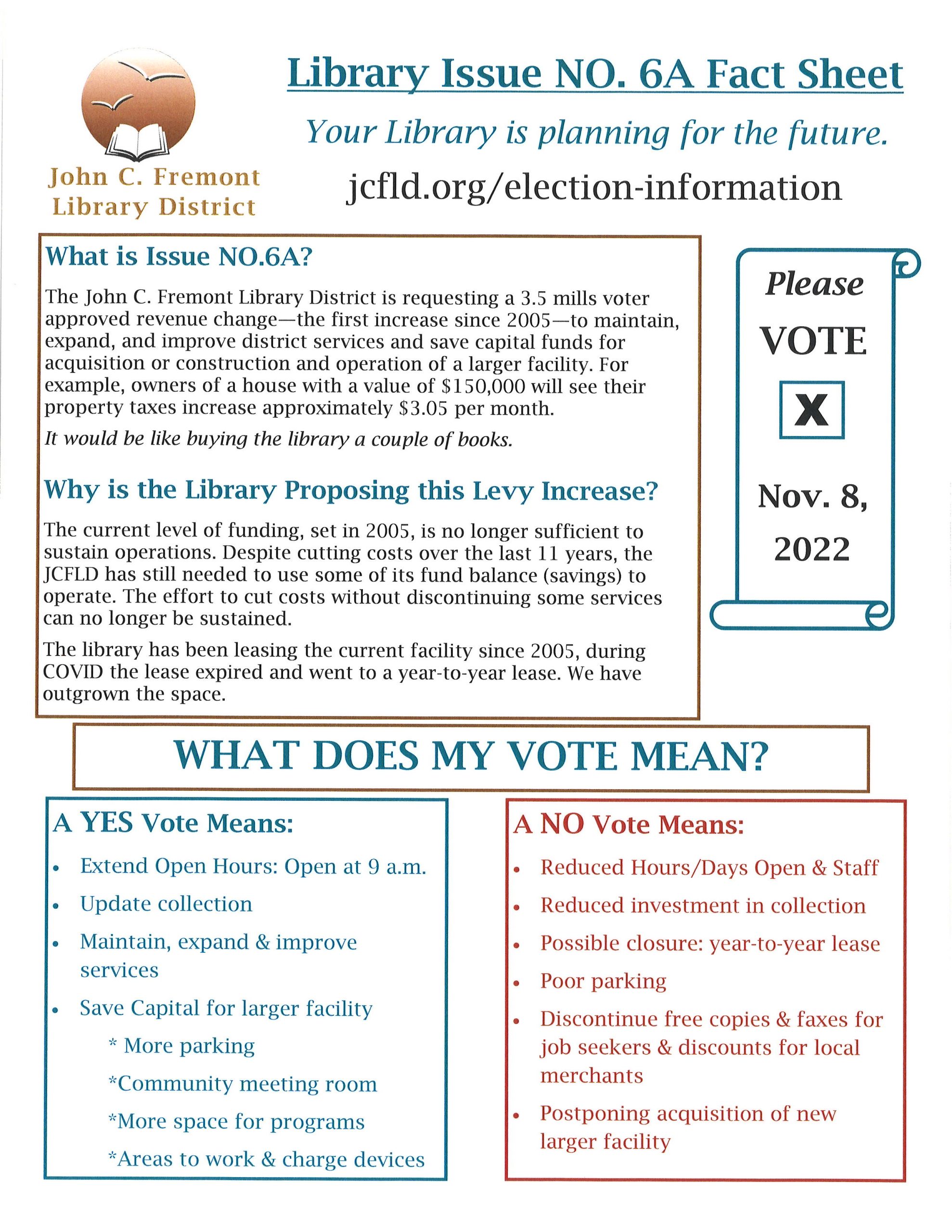 Information on Library Issue NO. 6A. If you would like to know anything please call 719-784-4649 Ex. 4 or email Tabby Selakovich at tabby.selakovich@florencecolibrary.org 