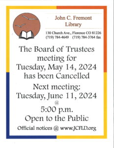 The Board of Trustees Meeting for Thursday, May 14, 2024 has been cancelled. Next Meeting: Tuesday, June 11, 2024 at 5:00 PM.