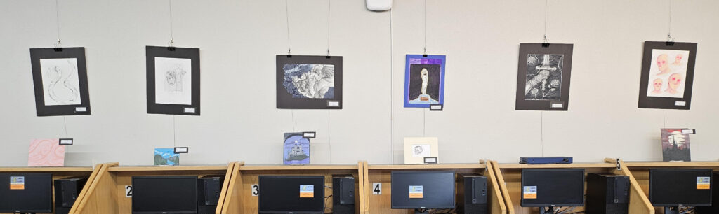 A photo of the local high schools' art on the walls at the library