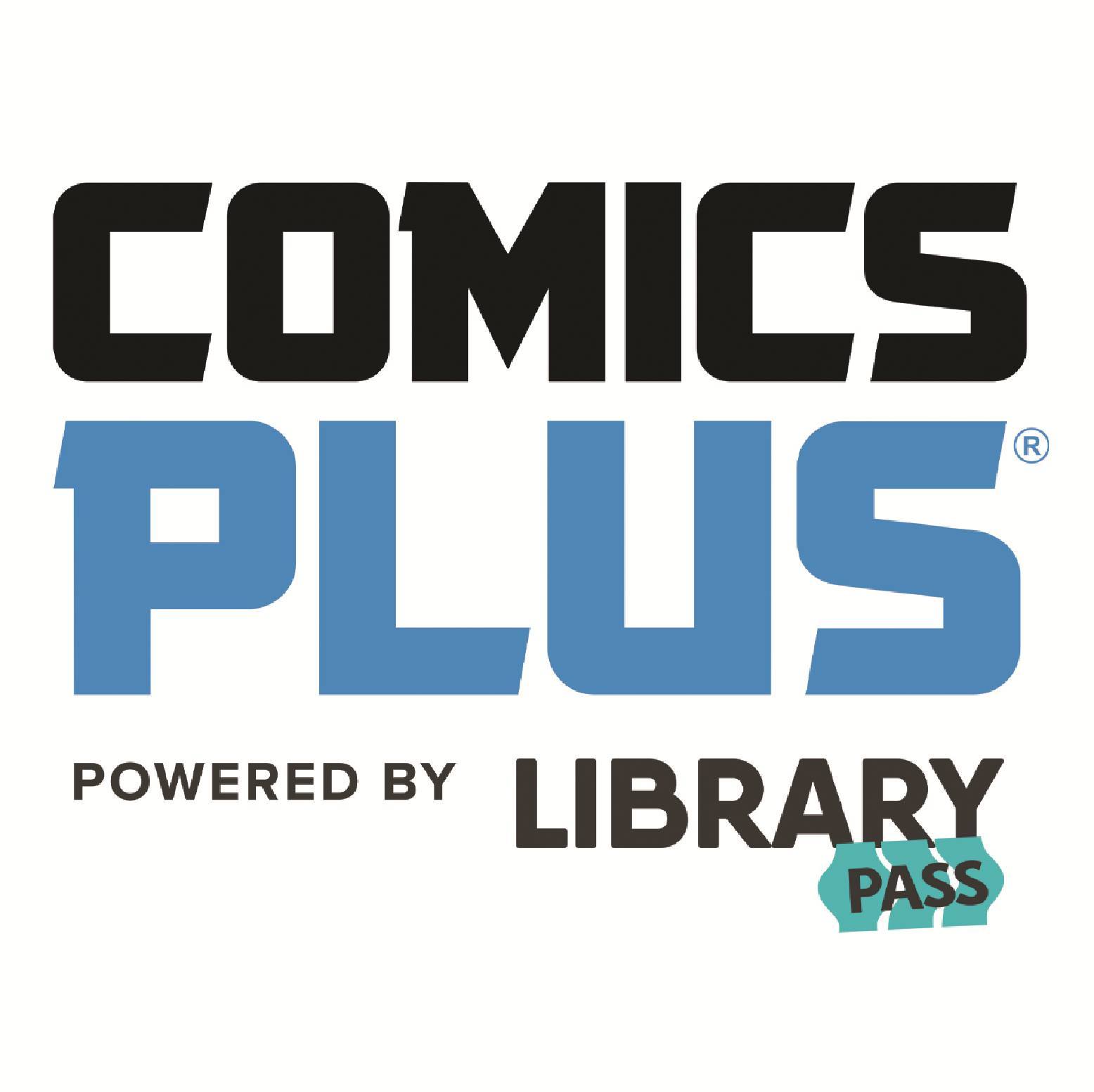 A logo for Comics Plus. It says, "powered by library pass."